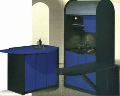 Minik�che Blue Mit K&uuml;hlschrank, Mikrowelle, Sp&uuml;e, Kochplatten, Beistellschrank, Rolladen und Klapptisch